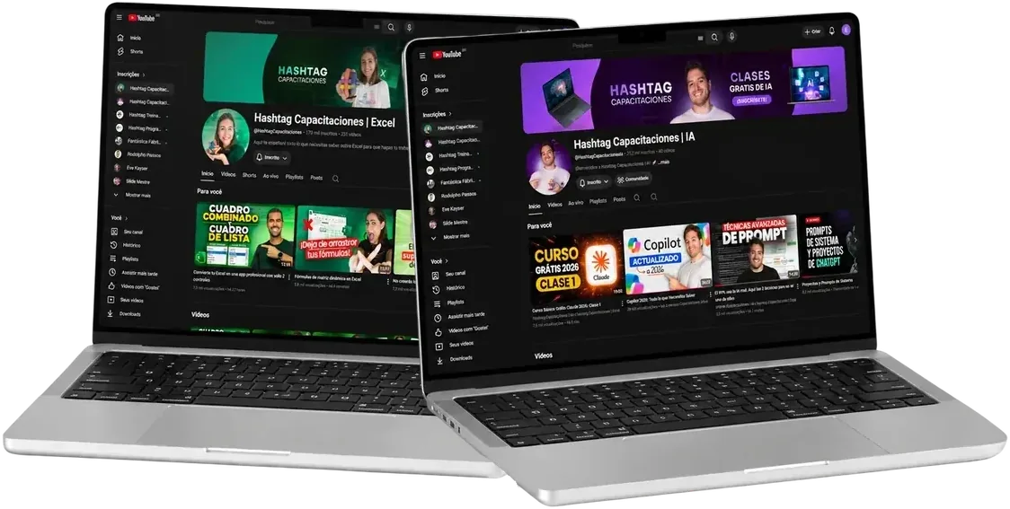 Laptops con los canales de YouTube de Hashtag Capacitaciones