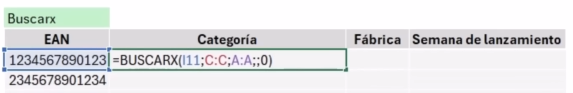 Esta fórmula busca el EAN que está en la celda I11 dentro de la columna C (EAN) y devuelve el resultado correspondiente de la columna A (categoría).