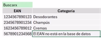 Fórmula BUSCARX en Excel con mensaje personalizado de error.