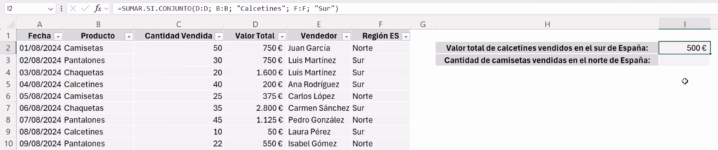 Ejemplo de fórmula SUMAR.SI.CONJUNTO en Excel con ChatGPT