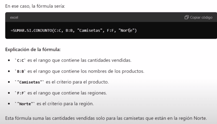ChatGPT interpretando una tabla de Excel pegada con MATRIZ.A.TEXTO para generar fórmulas automáticamente