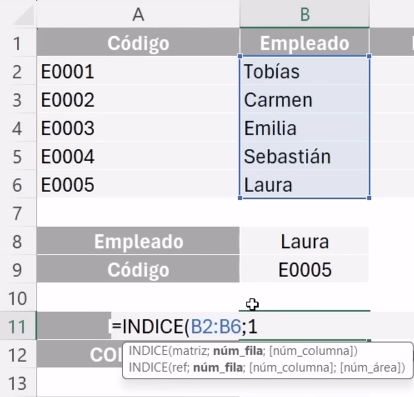 Función índice en Excel aplicada a la columna de empleados