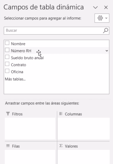 campos disponibles de la tabla dinámica