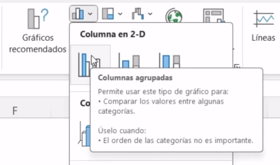 Captura mostrando la pestaña “Insertar” con la opción “Columnas agrupadas” resaltada.
