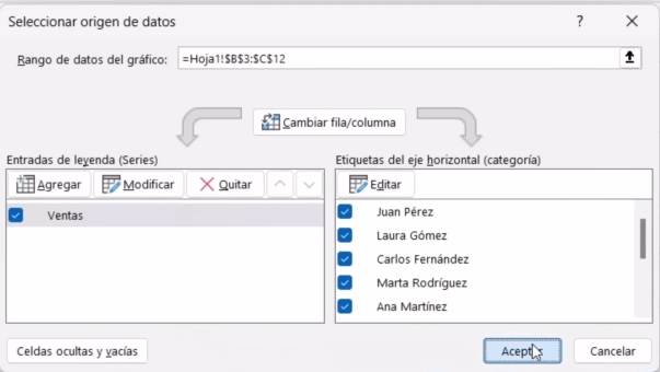 Captura mostrando la ventana “Seleccionar datos” con los rangos B3:B12 y C3:C12 seleccionados.