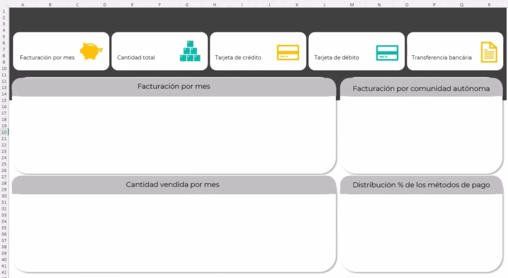 dashboard con forma, fondo, tarjetas, títulos y íconos perfectamente organizados