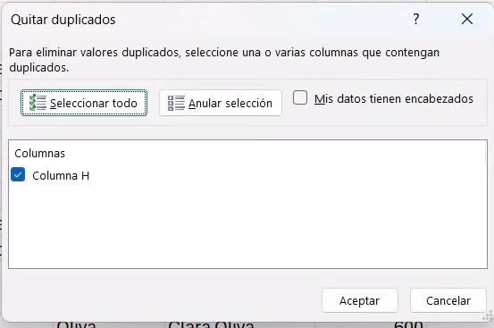 Ventana de Quitar duplicados en Excel