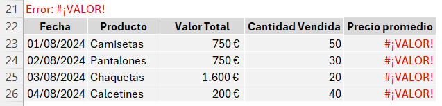 Error #¡VALOR! en Excel