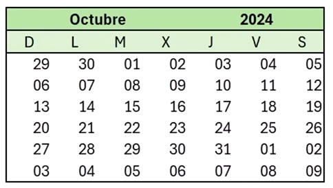 calendario Dinámico en Excel mostrando solo el número del día