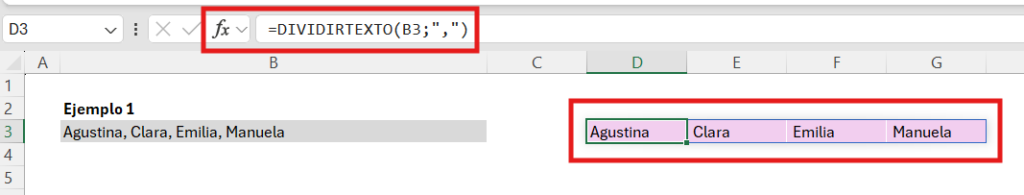 DIVIDIRTEXTO en Excel separando nombres en columnas