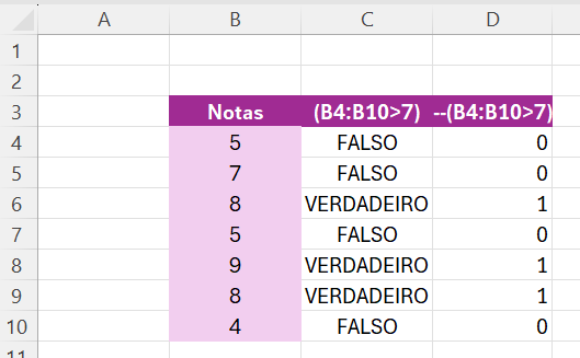 operador doble unario en Excel convirtiendo VERDADERO y FALSO en 1 y 0