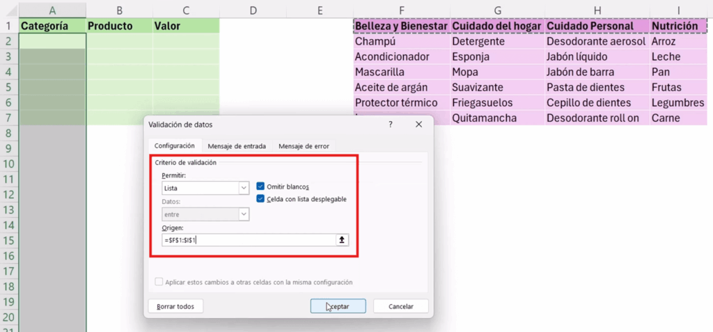 la ventana de Validación de datos
