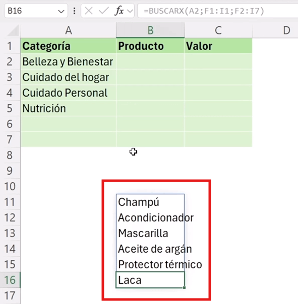 fórmula BUSCARX aplicada a listas desplegables dependientes en Excel.