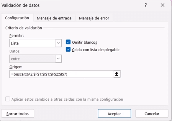 Ventana de Validación de datos usando la función BUSCARX como origen de la lista.