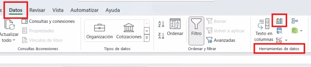Pestaña Datos de Excel con el botón Relleno rápido resaltado
