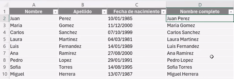 relleno rápido en excel para unir nombre y apellido