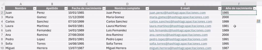 relleno rápido en excel para extraer año de fecha