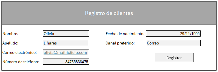 formulario de registro de clientes automatizado en Excel