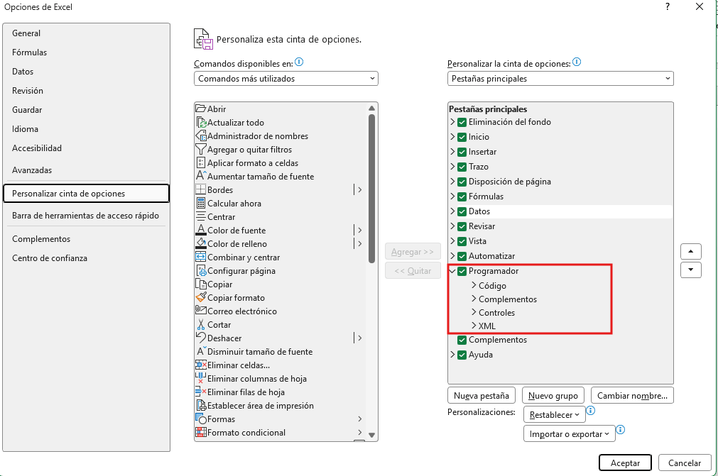 Opciones de Excel con la casilla Programador marcada