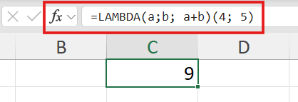 sintaxis de la función LAMBDA en Excel con parámetros y cálculo señalados
