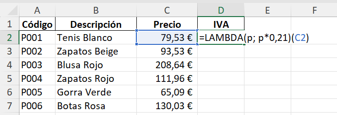 función LAMBDA personalizada IVA aplicada en una tabla de Excel