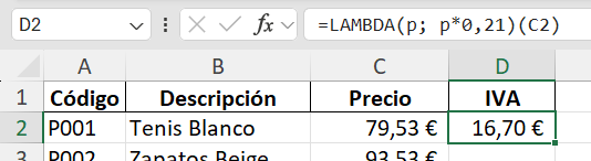 captura de pantalla de la tabla de productos con la columna IVA calculada