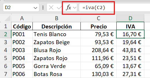 captura de pantalla de la tabla de productos con la columna IVA calculada usando =iva(C2), con resultado visible en todas las filas