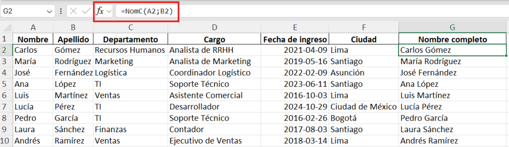 función LAMBDA para unir nombre y apellido en Excel con el ejemplo NomC