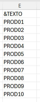  columna mostrando PROD01 hasta PROD10 con formato uniforme