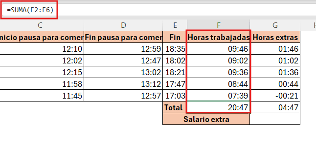 problema al sumar las horas de toda la semana con la función SUMA