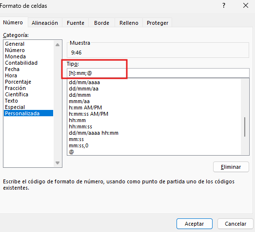 Formato de celdas con [h]:mm;@ escrito en el campo Tipo