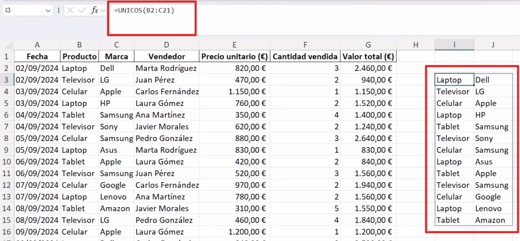 Rango de desbordamiento en Excel generado por función UNICOS