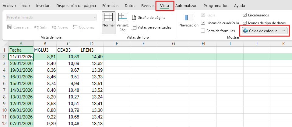 cómo activar la celda de enfoque en Excel