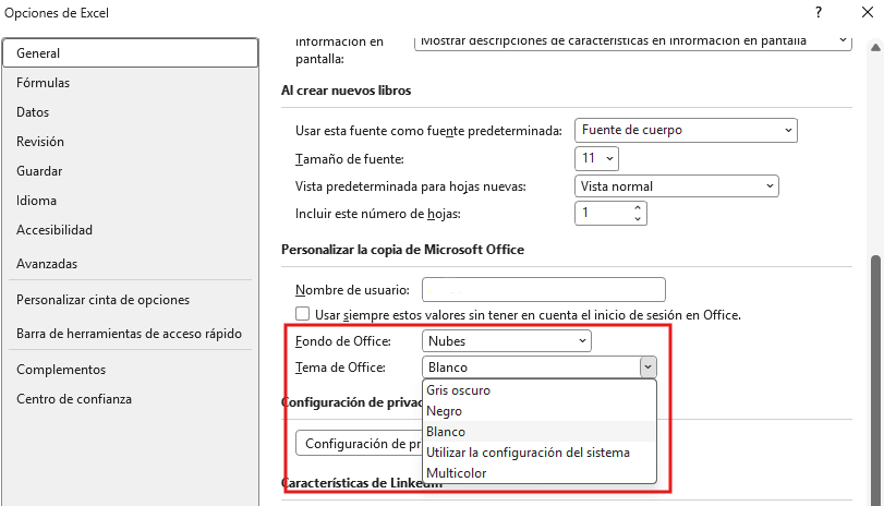 cambiar tema de Excel en Opciones de Microsoft Office