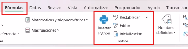 Python en Excel grupo Fórmulas Insertar Python
