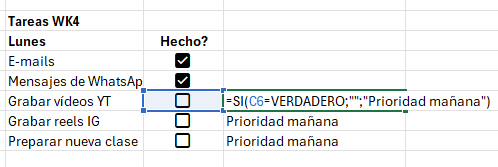 casillas en Excel con función SI verdadero falso prioridad mañana