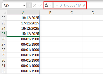 barra de fórmulas mostrando ='3 trucos'!A:A con las celdas mostrando 00/01/1900