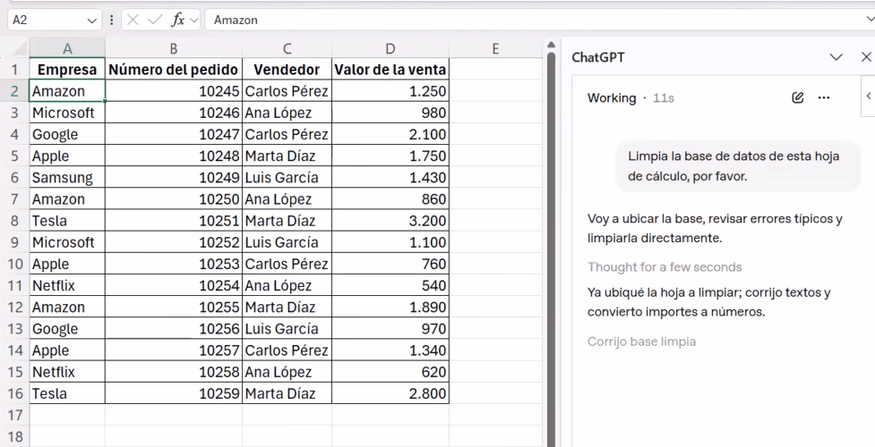 base de datos de Excel limpiada por ChatGPT con nombres de empresas y valores numéricos corregidos