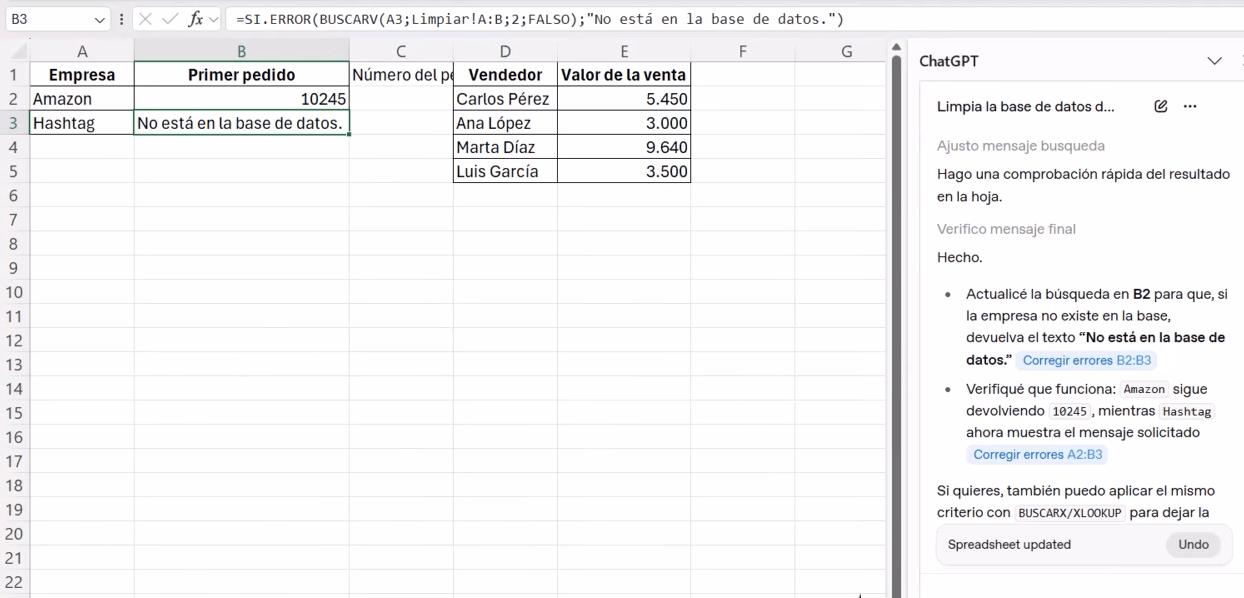 fórmula SI.ERROR con BUSCARV en Excel corregida por ChatGPT para manejar errores N/D