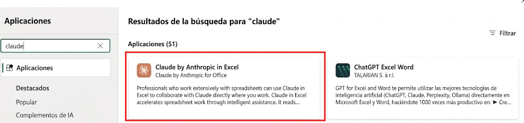 cómo instalar Claude en Excel desde la ventana de complementos