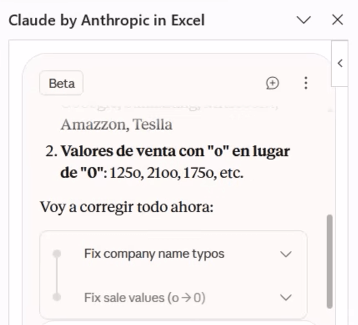 captura de Claude en Excel mostrando la lista de errores identificados en la base de datos