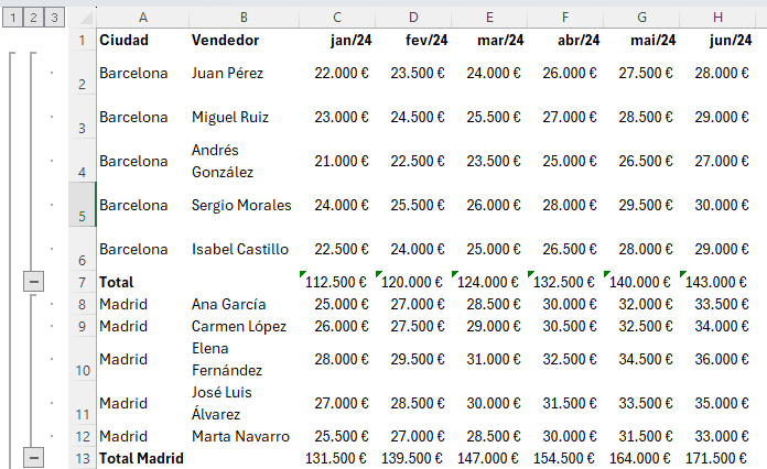 tabla con subtotales aplicados, mostrando las filas "Total Barcelona", "Total Madrid"
