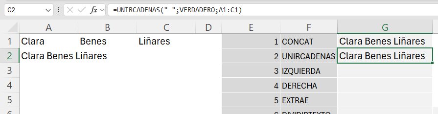 Función UNIRCADENAS en Excel