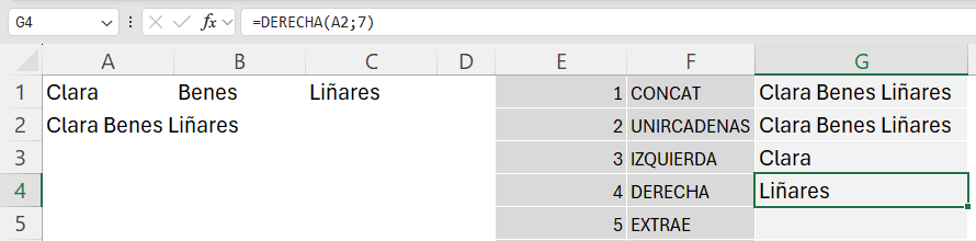 Función DERECHA en Excel