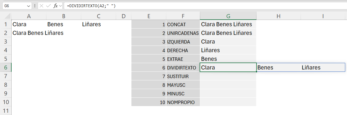 Función DIVIDIRTEXTO en Excel