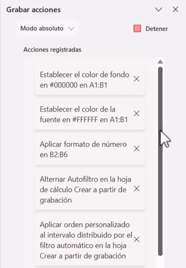 panel "Grabar acciones" con varias acciones registradas paso a paso