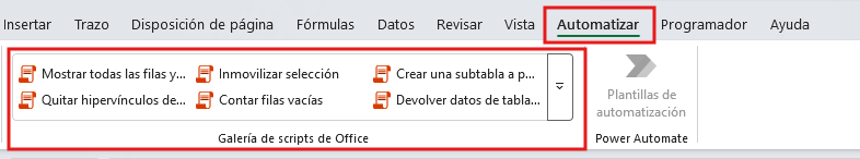 galería de scripts en Excel dentro de la ficha Automatizar