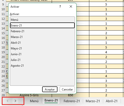 clic derecho en las flechas de navegación en Excel