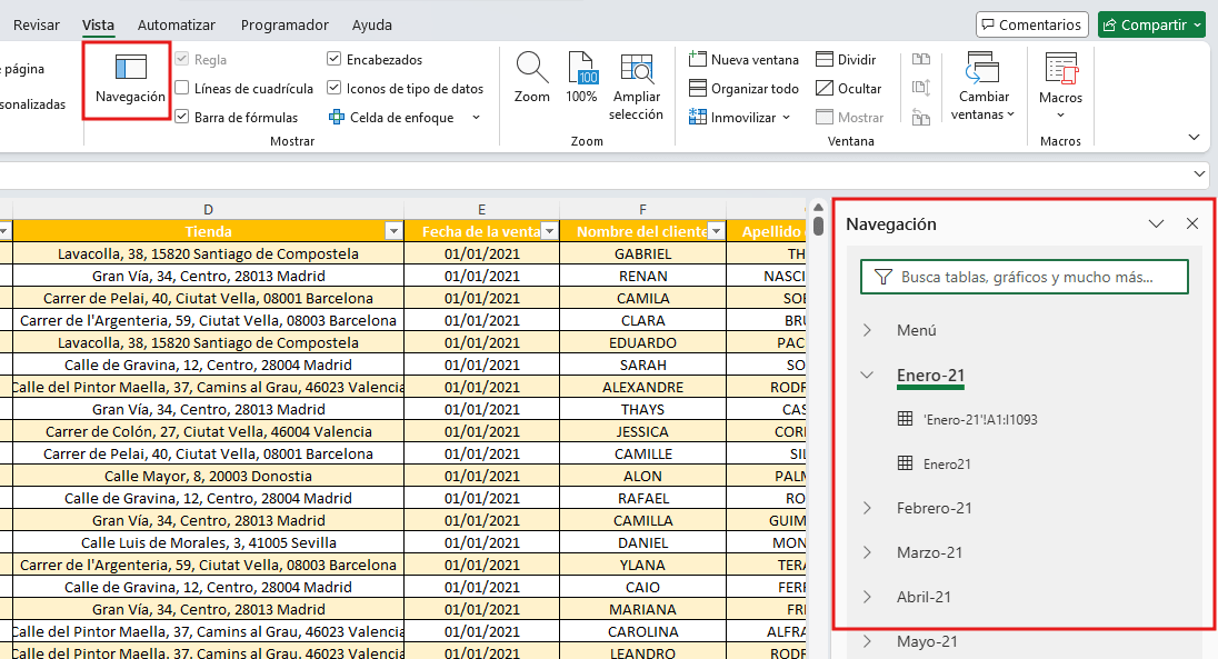 panel de navegación abierto en Excel con lista de fichas