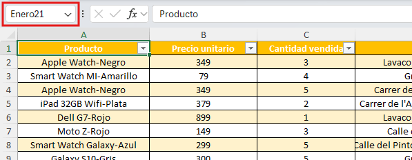 Cuadro de nombres en Excel
